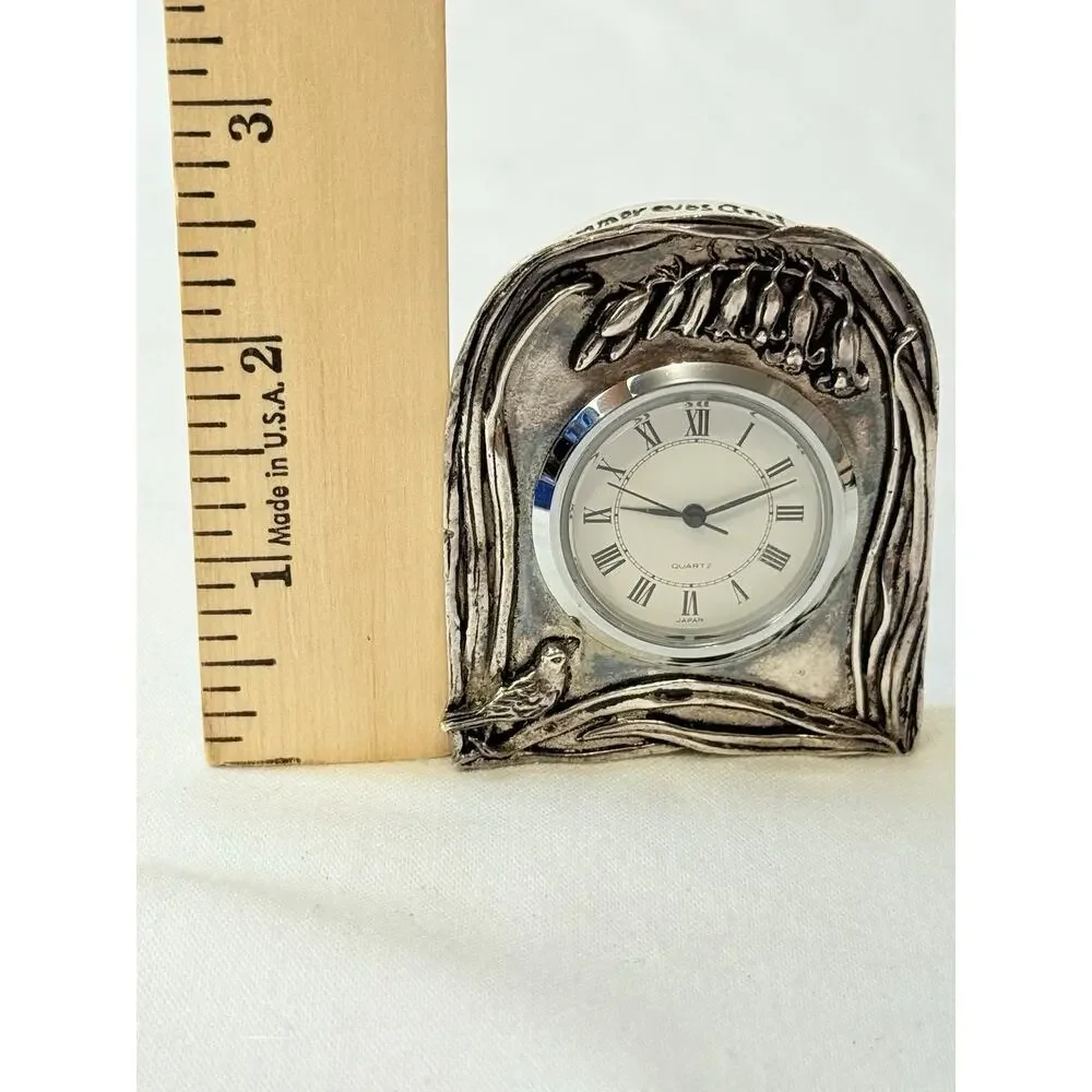 Silver Scenes Silverplated Mini Clock with Bird and Blue Bells